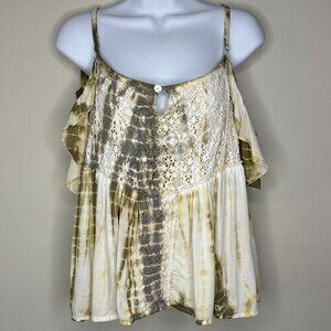 Tiare Hawaii Fluttery Cold Shoulder Ruffle Sleeves Top Size Medium Green/Cream